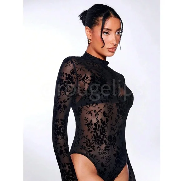 Black Mesh Lace Sheer Long Sleeve Bodysuit - Picture 6 of 14